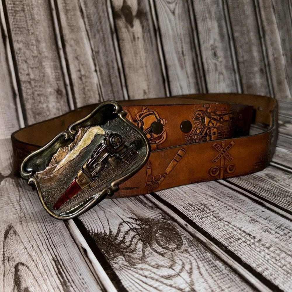Bergamot Locomotive Vtg Brass Buckle Railfan Leather Tooled Belt 38-42 Unisex